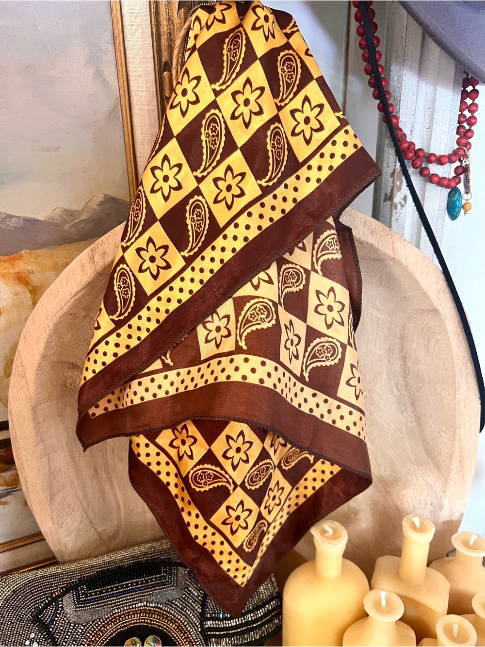 Vintage Chocolate Brown Gold Paisley Print Square Handkerchief 20x20
